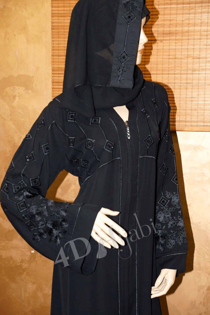 Dressy Black Abaya with Diamonds Pattern 4D Hijabi