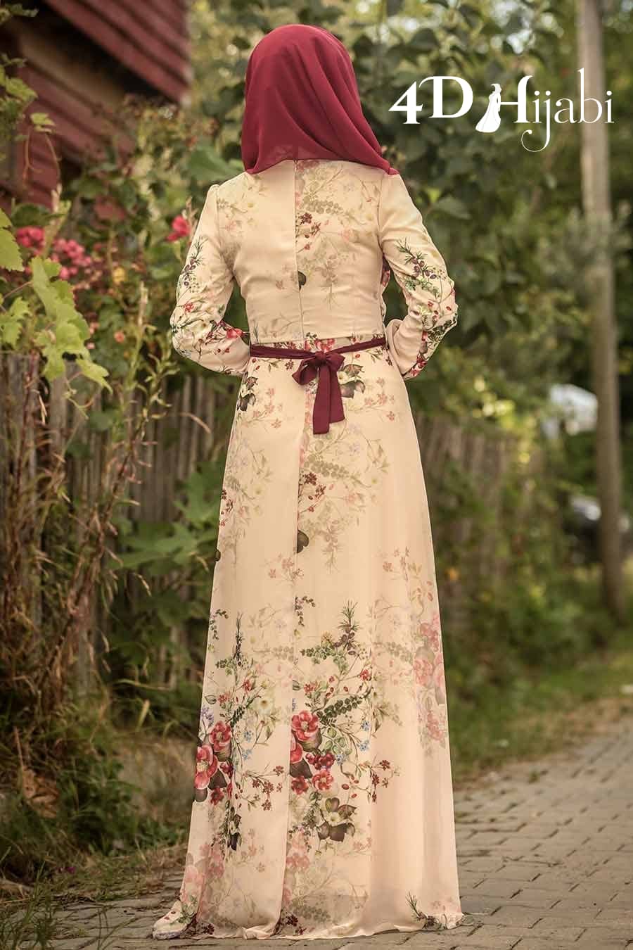 Turkish Floral Patterned Ecru Dress 4D Hijabi